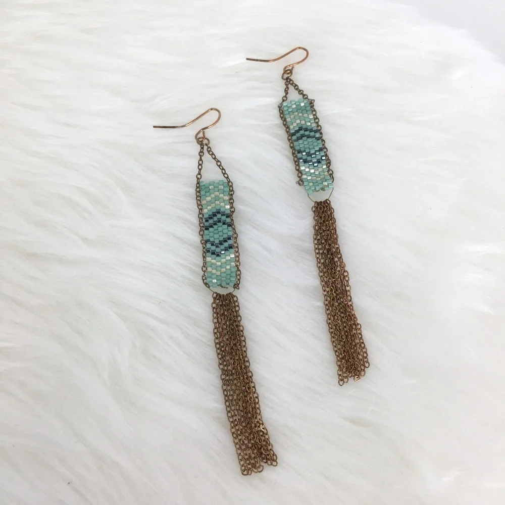 Boho Copper Green White Seed Bead Long Tassel Statement Dangle Earrings Tribal - Picture 3 of 8